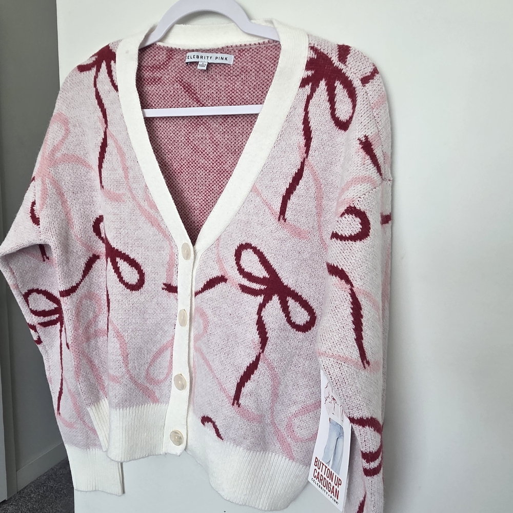 Celebrity Pink Bow Pattern Button-Up Cardigan